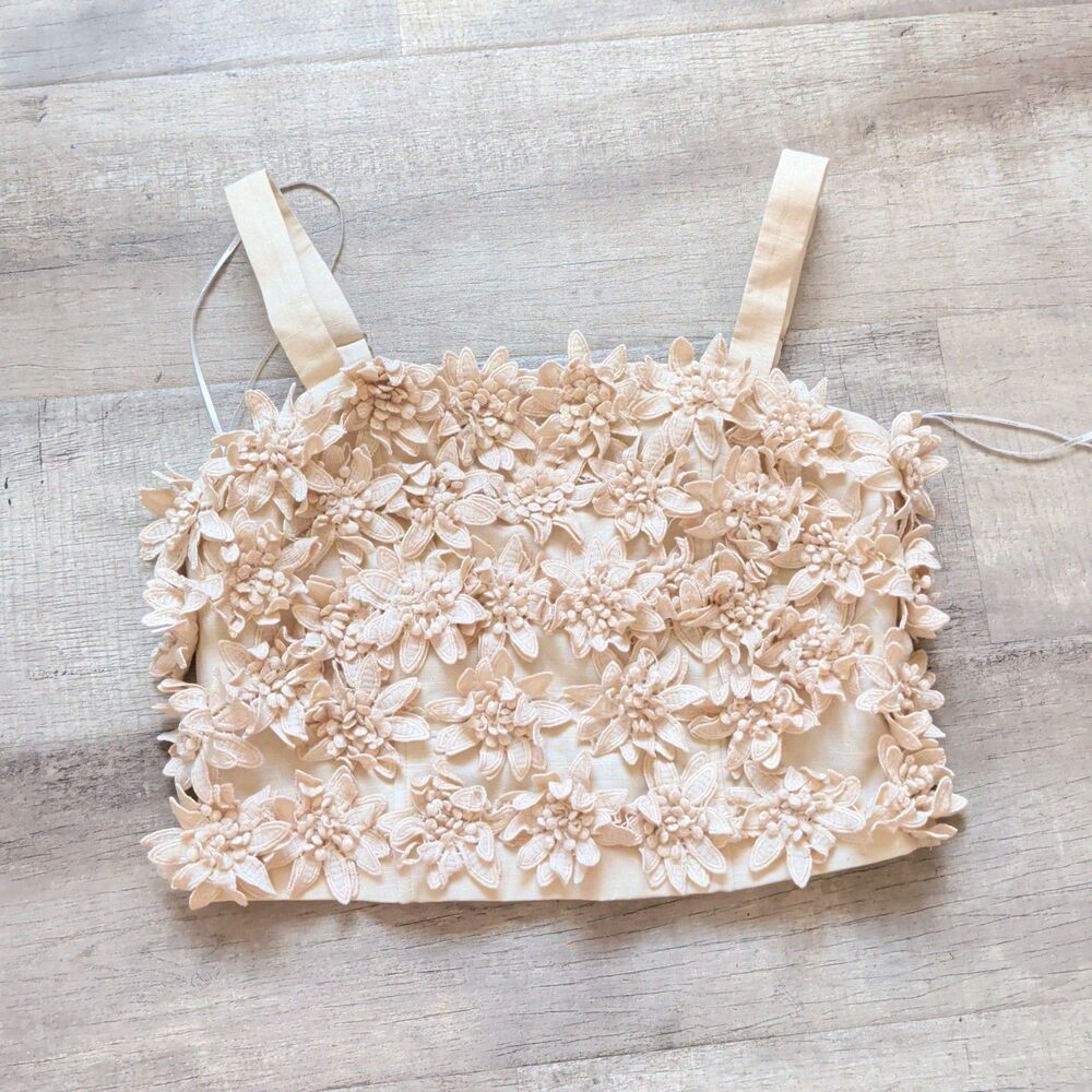 Ciebon Floral Applique Crop Top Womens Medium Beige Tan Smocked Tank Top
